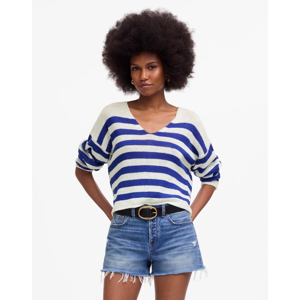 MADEWELL Linen V-Neck Sweater XS Sapphire Stripe Blue White NWT B52